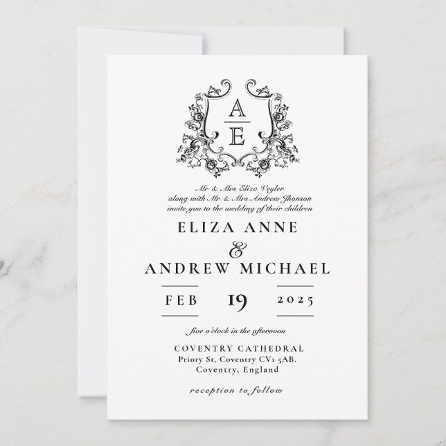 Invitación Boda del Monograma Blanco y Negro Vintage (Anverso)