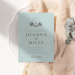 Invitación Boda del Monograma Botánico Azul Claro