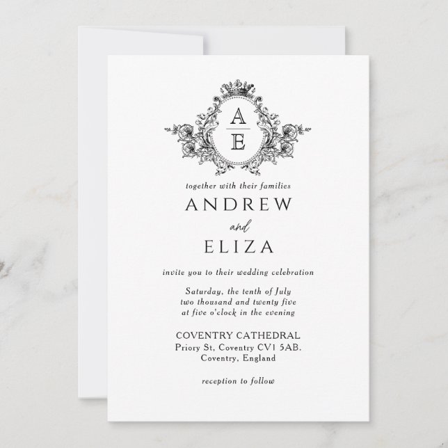 Invitación Boda del Monograma Clásico Negro y Blanco (Anverso)