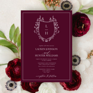 Invitación Boda del Monograma de Burgundy Wildflower Clásico