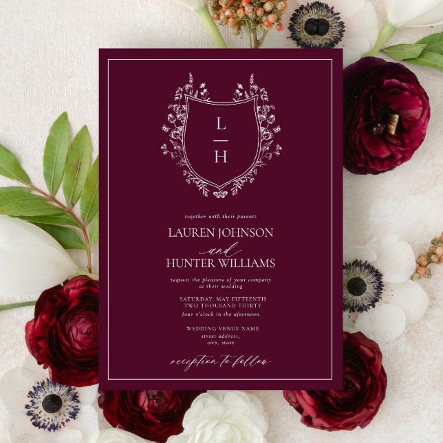 Invitación Boda del Monograma de Burgundy Wildflower Clásico (Subido por el creador)