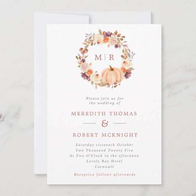Invitación Boda del Monograma de la guirnalda floral de calab (Anverso)