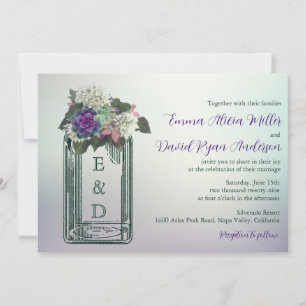 Invitación Boda del monograma de Shabby Chic Floral Ball Jar