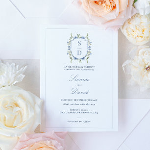 Invitación Boda del Monograma Escudo de Flores Silvestres Azu
