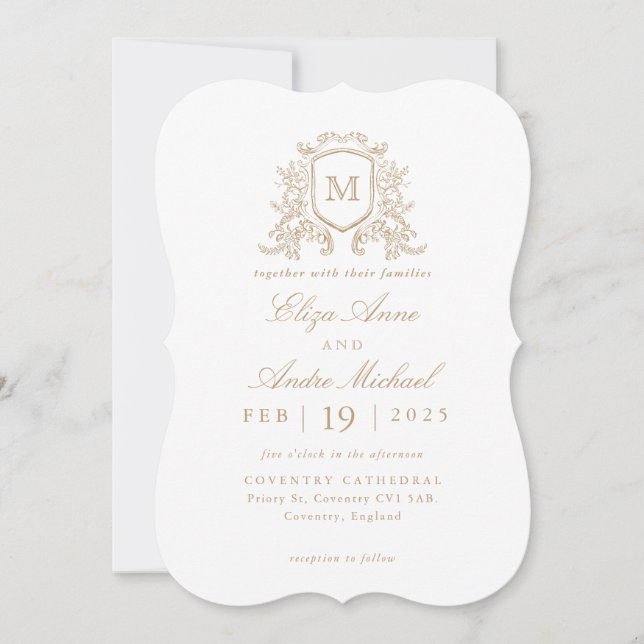 Invitación Boda del Monograma Floral de oro clásico (Anverso)
