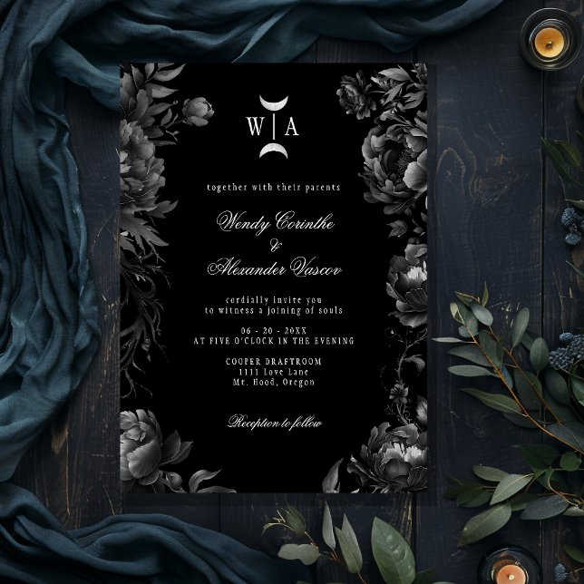 Invitación Boda del Monograma Gótico Negro clásico Moon Escud (Subido por el creador)