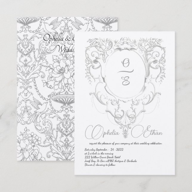 Invitación Boda del Monograma Gris Victoriano escudo (Anverso / Reverso)