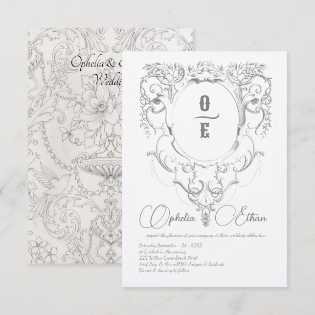 Invitación Boda del Monograma Gris Victoriano escudo (Anverso / Reverso)