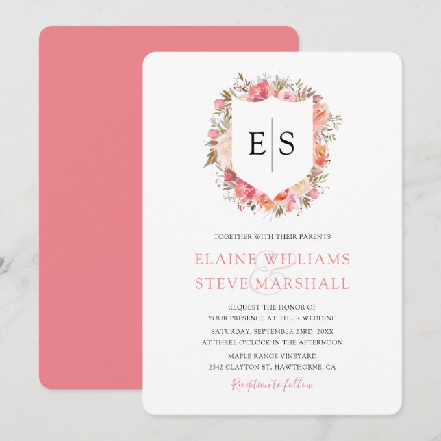 Invitación Boda del Monograma Infloral Rosado Regal (Anverso / Reverso)