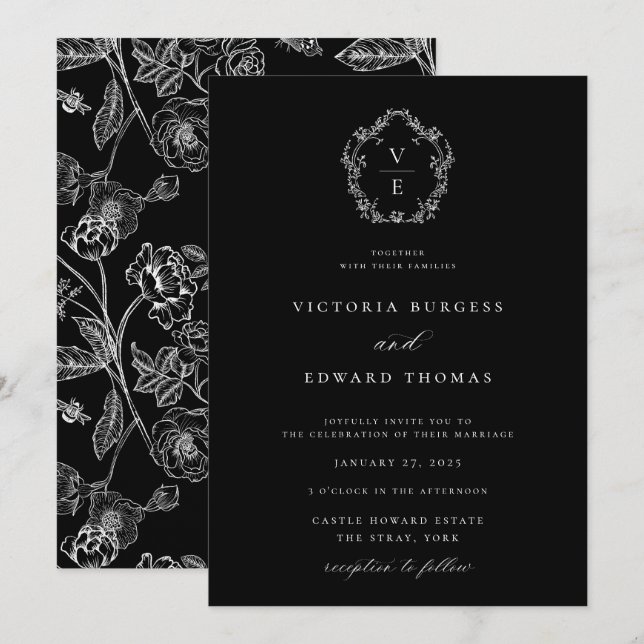 Invitación Boda del Monograma Negro y Blanco (Anverso / Reverso)