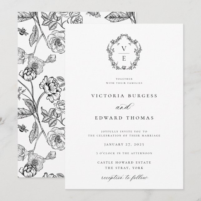 Invitación Boda del Monograma Negro y Blanco (Anverso / Reverso)
