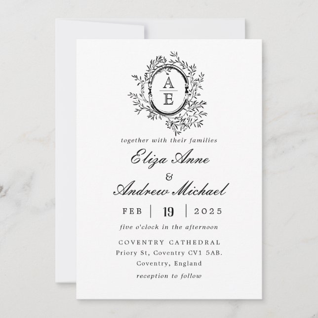 Invitación Boda del Monograma Real Negro y Blanco (Anverso)