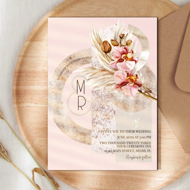 Invitación Boda del Monograma Rosa Bohemio Beige Pampas (Subido por el creador)
