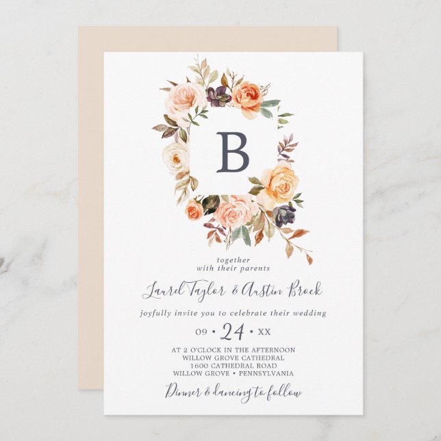 Invitación Boda del Monograma Rustic Earth Florals (Anverso / Reverso)