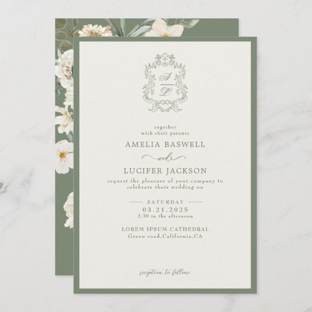 Invitación Boda del Monograma Verde Sage y Floral de marfil (Anverso / Reverso)