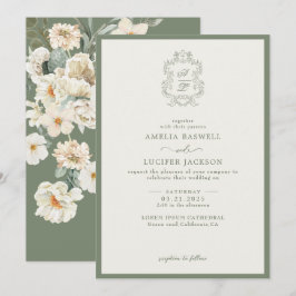 Invitación Boda del Monograma Verde Sage y Floral de marfil