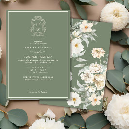 Invitación Boda del Monograma Verde Sage y Floral de marfil