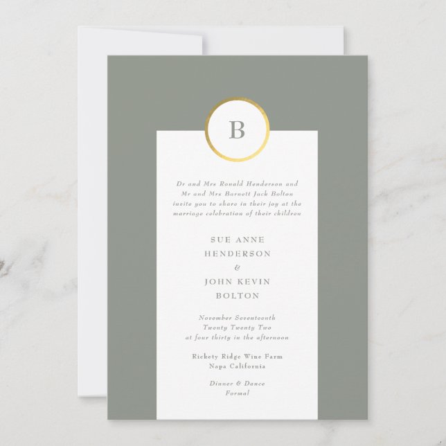 Invitación Boda del Monograma Verde y Círculo de Relieve meta (Anverso)