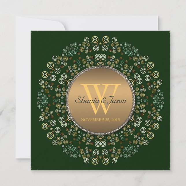 Invitación Boda del Monograma Verde y Oro Círculo Eterno (Anverso)