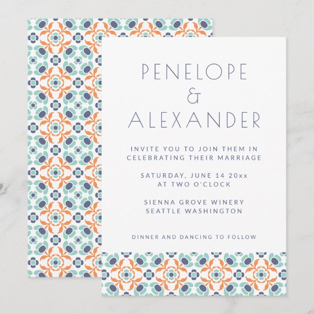 Invitación Boda del Naranja azul geométrico moderno (Anverso / Reverso)