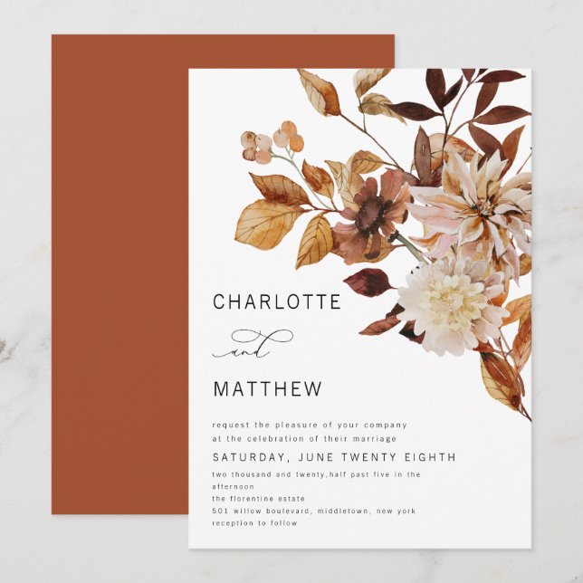 Invitación Boda del Naranja de Boho Rustic Fall Floral Fall (Anverso / Reverso)