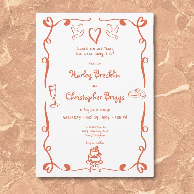 Invitación Boda del Naranja del atardecer con mano retro capr (Whimsical Retro Hand Drawn Sunset Orange Wedding Invitation)