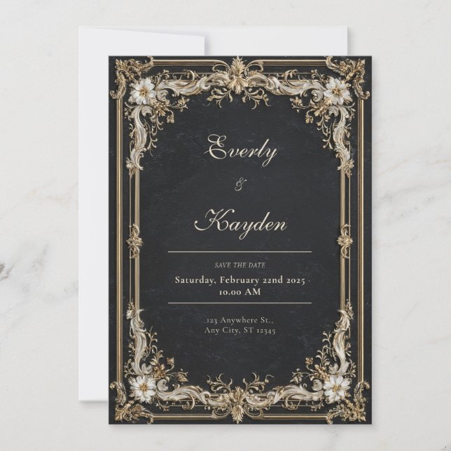Invitación Boda del Ornato Negro y Oro (Anverso)