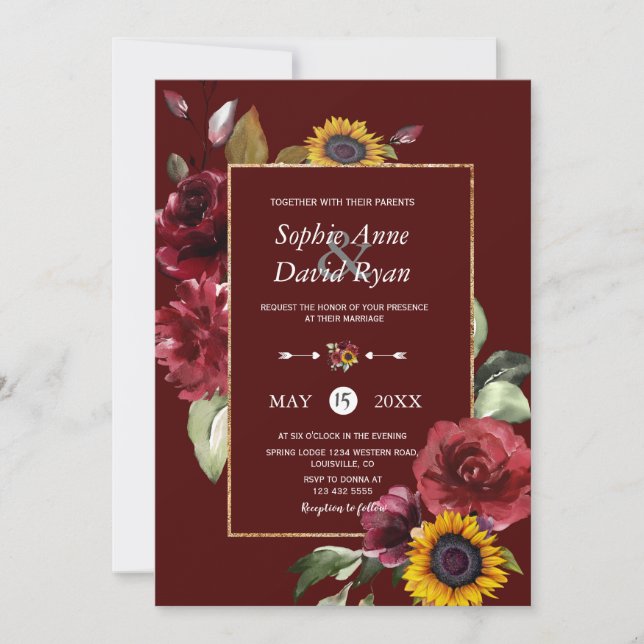 Invitación Boda del oro del girasol de Borgoña Real (Anverso)