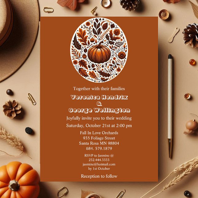 Invitación Boda del ovario Boho Rusty Brown Oval de la Calaba (Fall Pumpkin Groovy Boho Rusty Brown Oval Foliage Invitation)