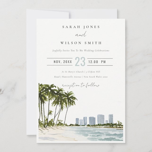 Invitación Boda del paisaje de la palma acuarela de Miami Flo (Anverso)