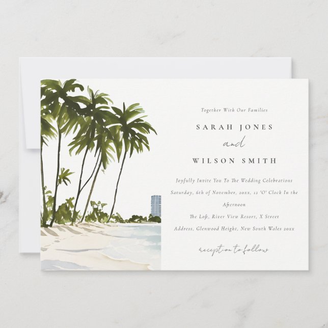 Invitación Boda del paisaje de la palma acuarela de Miami Flo (Anverso)