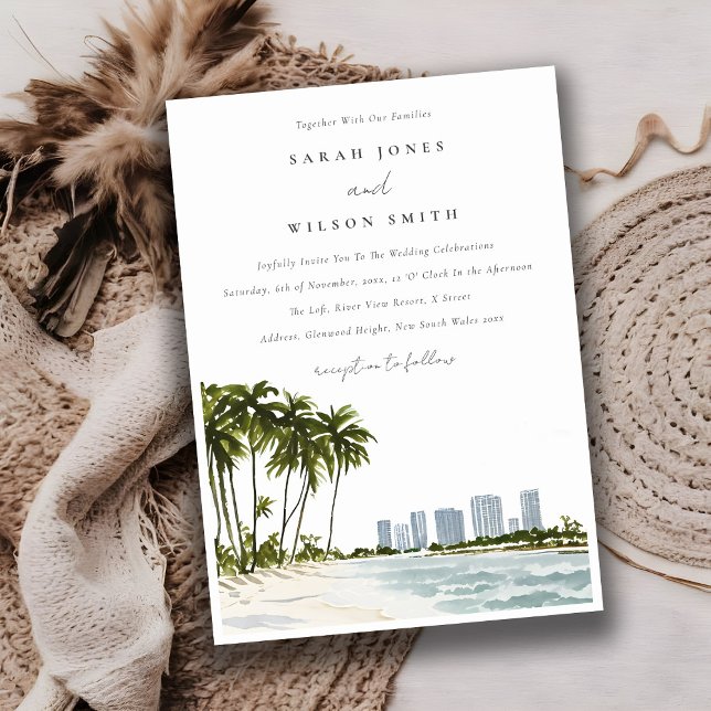 Invitación Boda del paisaje de la palma acuarela de Miami Flo (Subido por el creador)