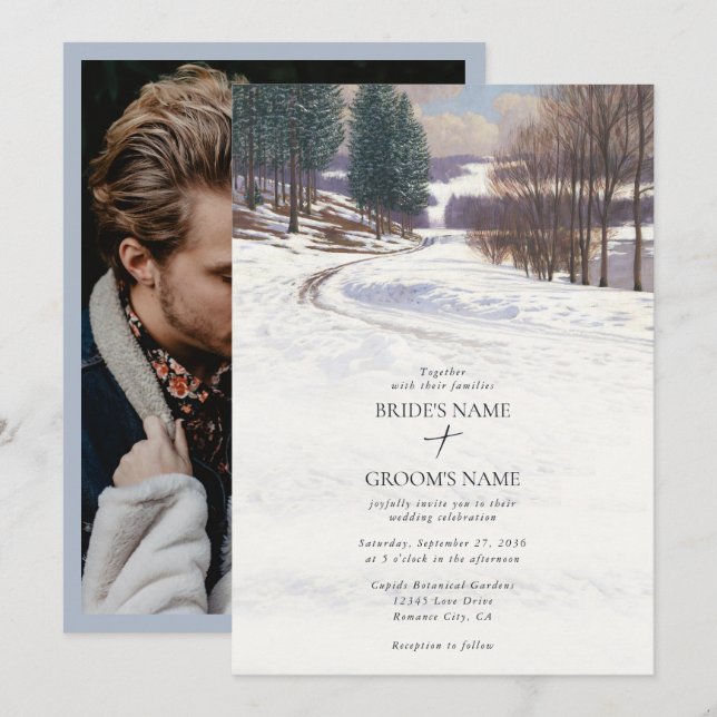 Invitación Boda del paisaje de nieve de invierno acuarela (Anverso / Reverso)