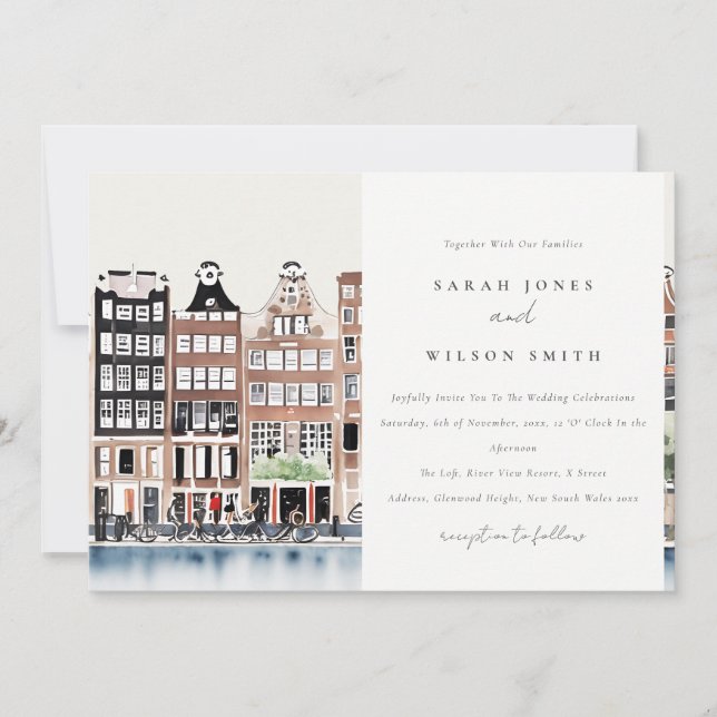 Invitación Boda del paisaje del canal holandés de Ámsterdam (Anverso)