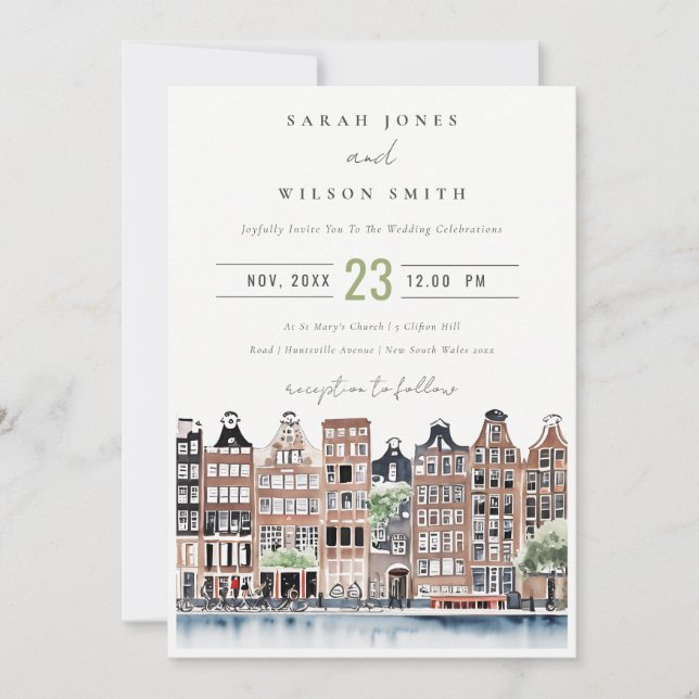 Invitación Boda del paisaje del canal holandés de Ámsterdam (Anverso)