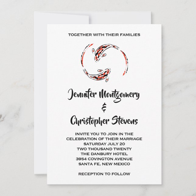 Invitación Boda del par de peces Koi japonés negro y rojo (Anverso)