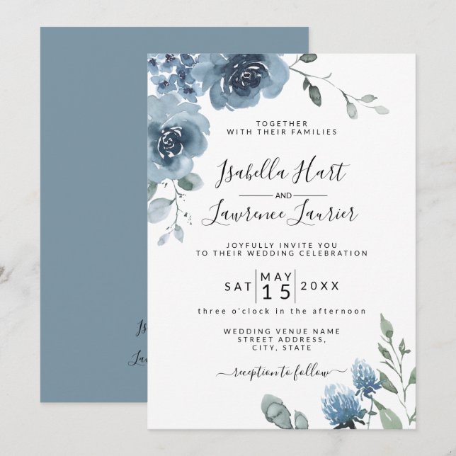 Invitación Boda del Pastel Azul Dusty Azul Floral de pizarra (Anverso / Reverso)