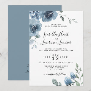 Invitación Boda del Pastel Azul Dusty Azul Floral de pizarra