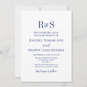 Invitación Boda del patio trasero de monograma moderno azul d