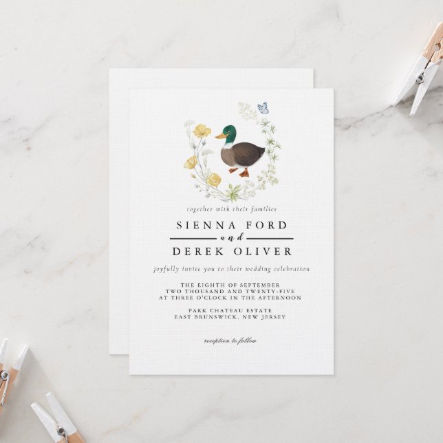 Invitación Boda del pato de la flor silvestre Mallard (Anverso/Reverso In Situ)
