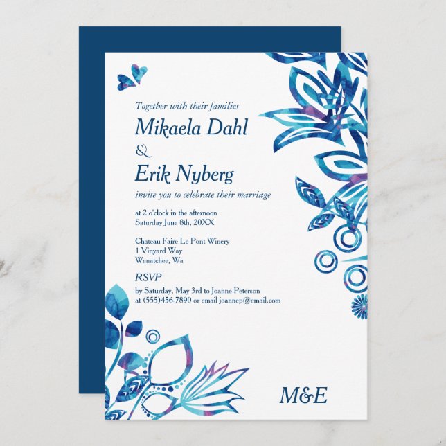 Invitación Boda del patrón azul escandinavo (Anverso / Reverso)