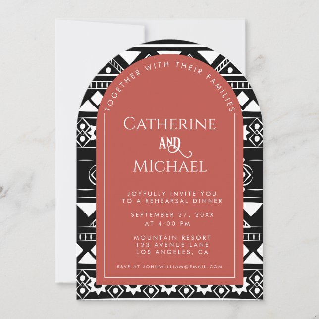 Invitación Boda del patrón Boho Arch Coral Ensayo Cena (Anverso)