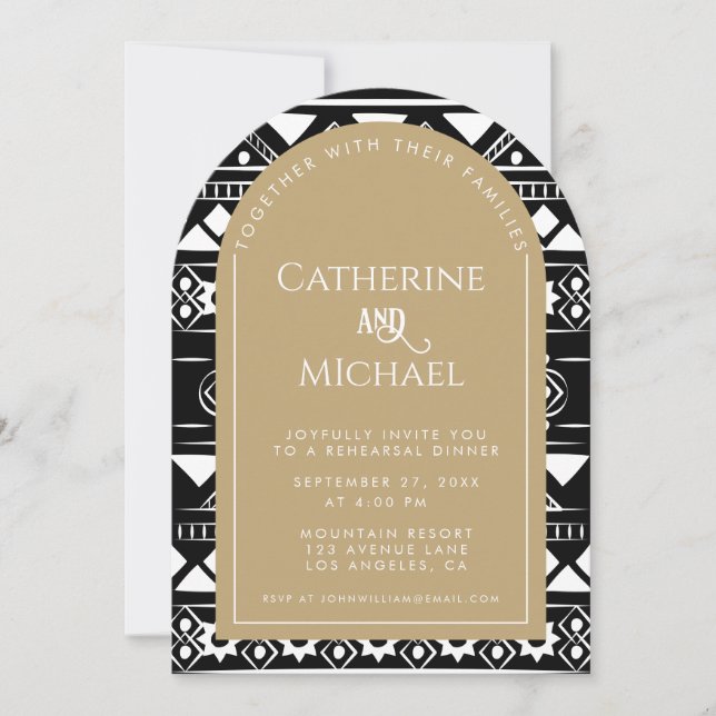 Invitación Boda del patrón Boho Arch Oro Ensayo de cena (Anverso)