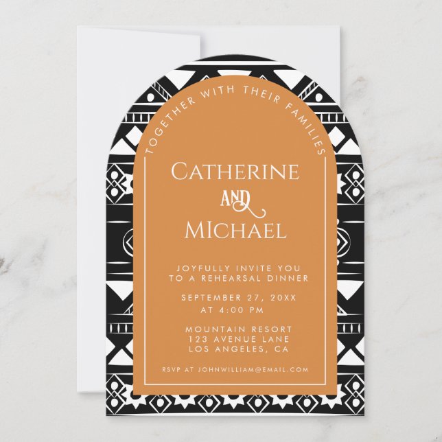 Invitación Boda del patrón Boho Arco Naranja ensayo Cena (Anverso)