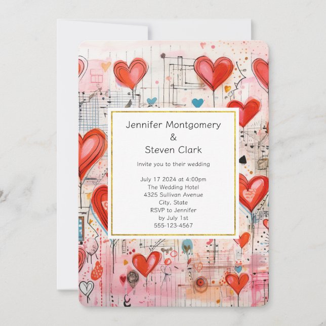 Invitación Boda del patrón de amor caprichoso de los corazone (Anverso)