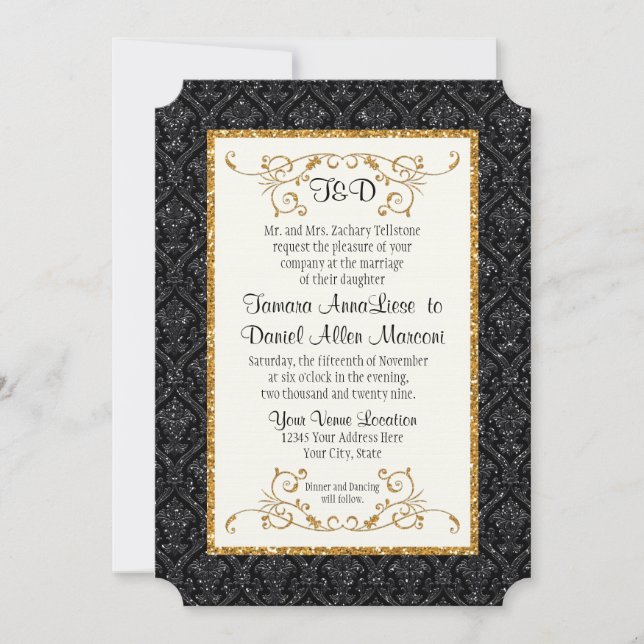 Invitación Boda del patrón de Damask de Purpurina de oro negr (Anverso)
