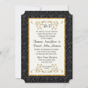 Invitación Boda del patrón de Damask de Purpurina de oro negr