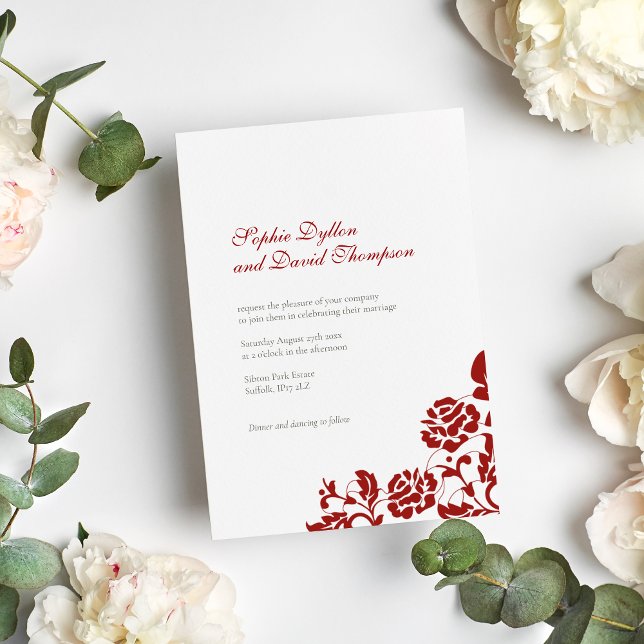 Invitación Boda del patrón de encaje rosa rojo de Crimson clá (Subido por el creador)