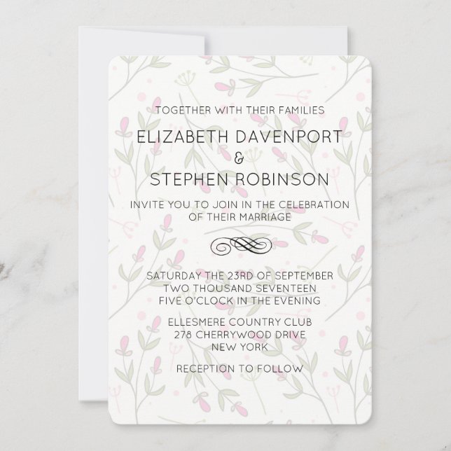 Invitación Boda del patrón de flores silvestres rosas y verde (Anverso)