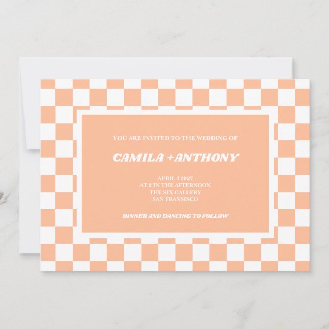 Invitación Boda del patrón de Gingham de Peach Fuzz White Che (Anverso)